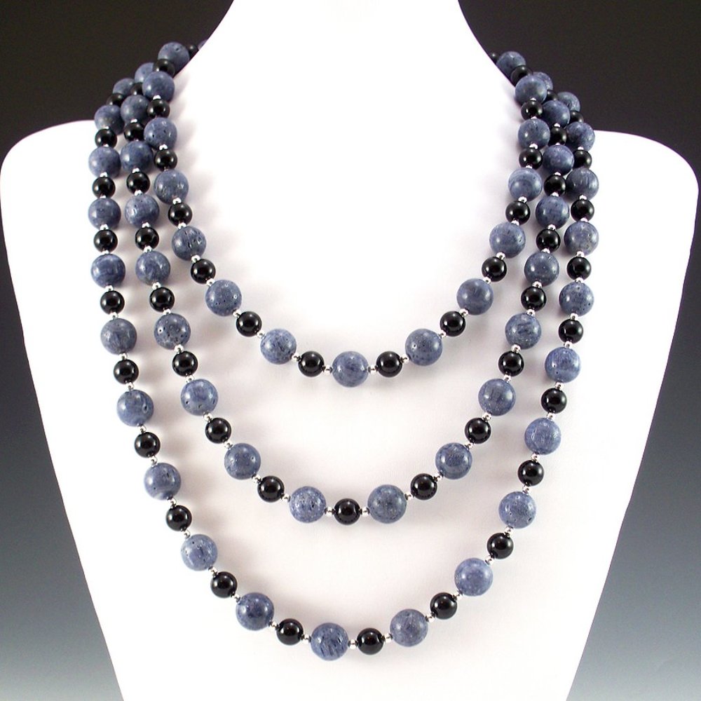 Blue Coral, Onyx, & Sterling Silver 3-Necklace Set